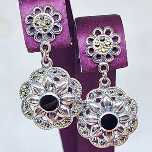 Vintage Marsala Co "MC" Sterling Silver Onyx Marcasite Flower Dangle Earrings